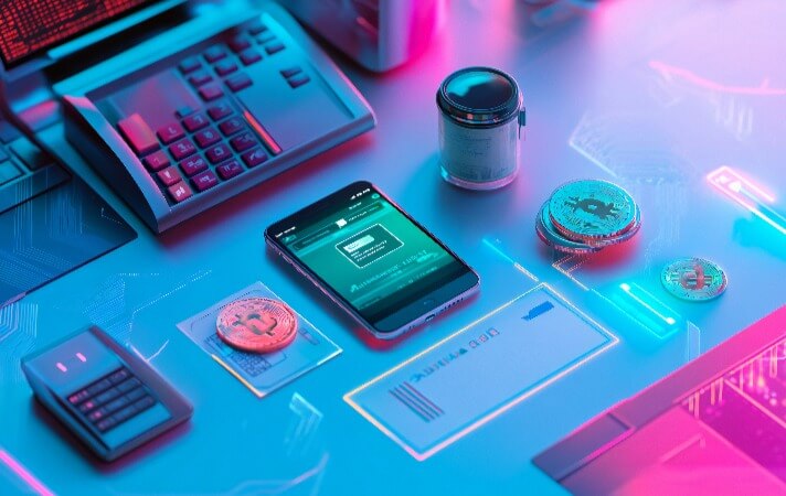 Futuristic desk showing Bitcoin and other digital investment assets.