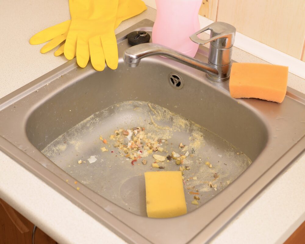 Close up on dirty clogging kitchen sink drain with food particles