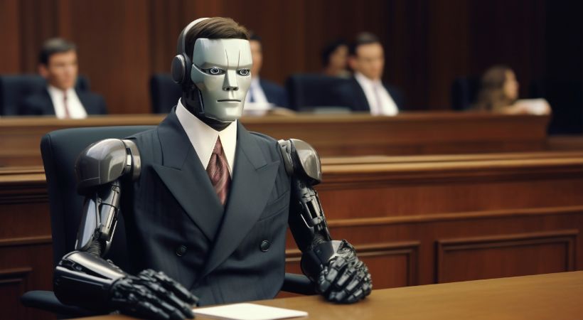 AI robot dressed as a lawyer sitting in a courtroom, symbolising the future of artificial intelligence in legal practice