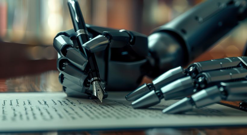 Robotic hand using a fountain pen to write on paper, symbolising AI's role in the legal profession